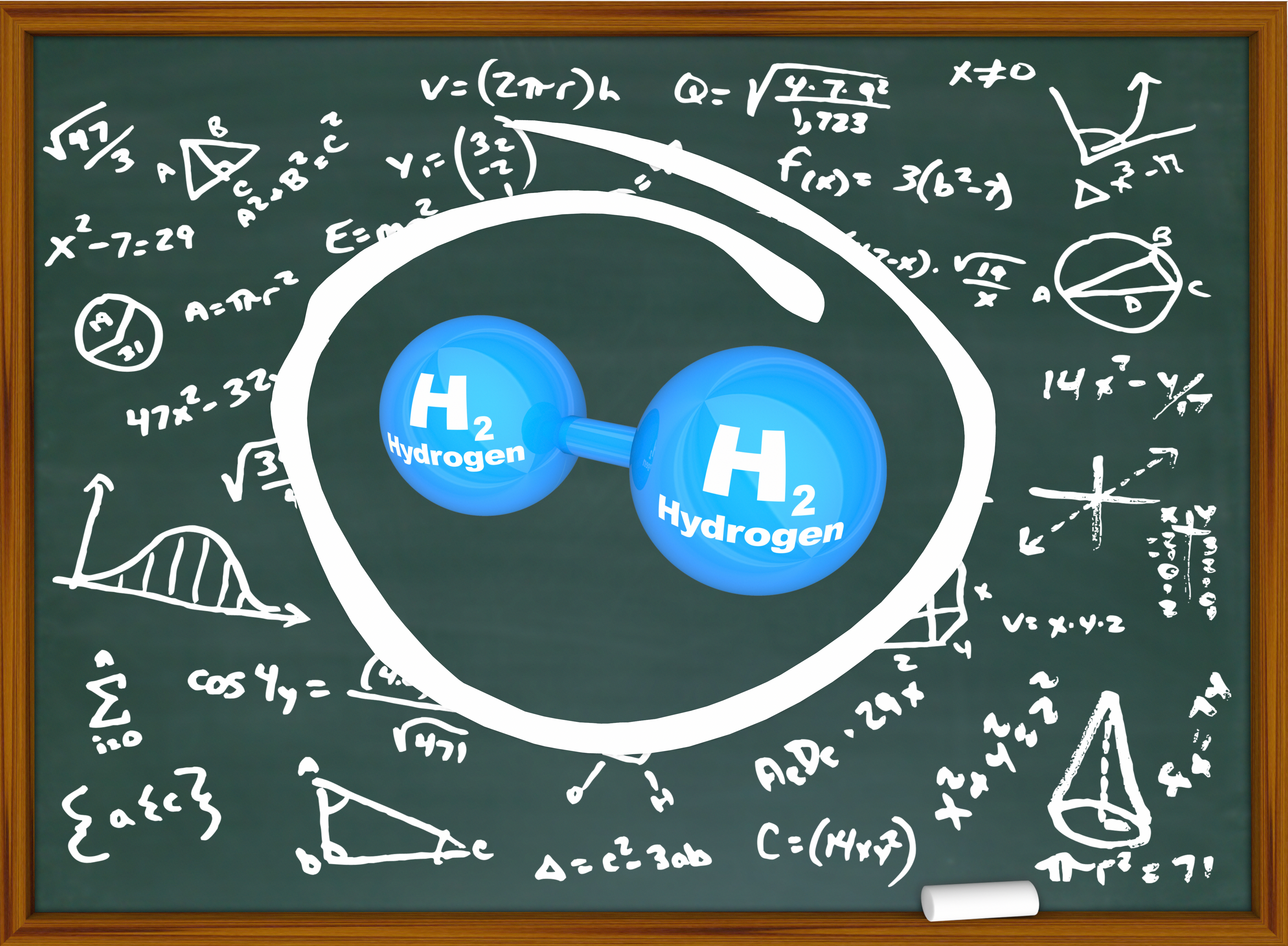 Eine Tafel zeigt Formeln und das Symbol für Wasserstoff