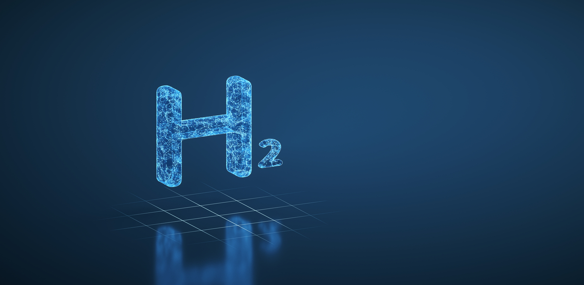 Das Symbolbild zeigt H2, das Zeichen für Wasserstoff, vor einem dunkelblauen Hintergrund