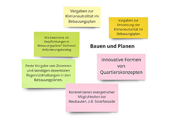 Die Abbildung zeigt, welche Themen aus dem Bereich "Bauen und Planen" für die Teilnehmenden interessant sind. Darunter fallen vor allem Vorgaben zur Klimaneutralität im Bebauungsplan. Auch innovative Formen von Quartierskonzepten wurden genannt.