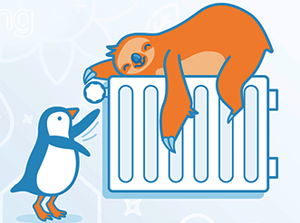 Grafische Darstellung eines Pinguins, der die Heizung ausmachen will - auf der Heizung liegt ein Faultier