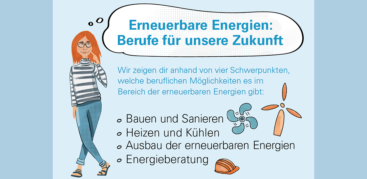 Die Illustration zeigt ein nachdenkendes Mädchen. In einer Gedankenblase steht "Erneuerbare Energien: Berufe für unsere Zukunft"